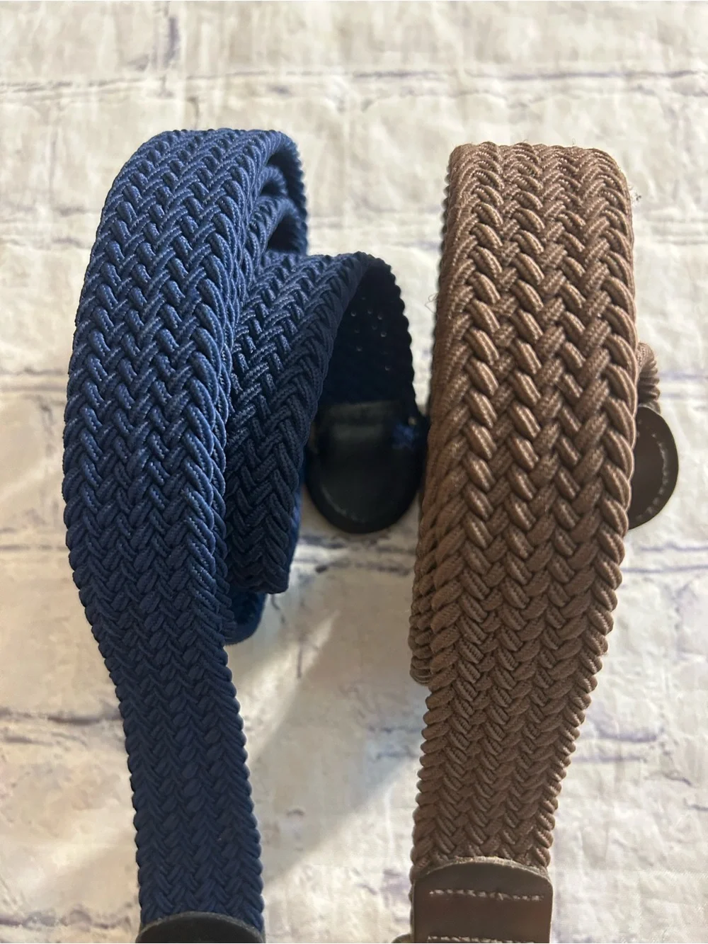 VINTAGE BROWN AND NAVY WITH LEATHER COVERED BUCKLES MEN STRETCH BELTS